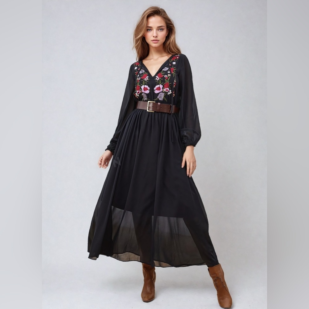 LAST ONE 🔥 Black Floral Embroidery Lantern Sleeve Dress Without Belt - Picture 5 of 9